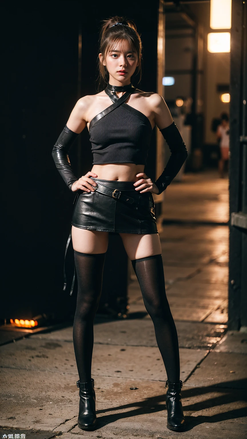 (8k、RAW Photos、Highest quality、masterpiece:1.2)、(Highest quality、Realistic)、1 Girl、((leather、ponytail、Hair clip、Ninja costume、ガーターbelt、Tube top、Arm Coverini skirt、black、tights、Belly button、Gloves、belt、ribbon、See-through、Thin legs、whole body、boots、City of night、View from the front、Looking into the camera、Stand with hands on hips))、cute
