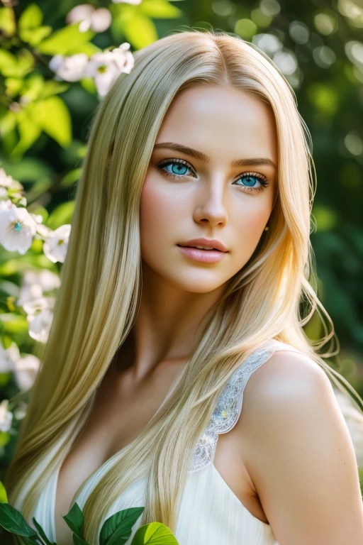 A beautiful young woman with long, flowing blonde hair and stunning blue eyes, serene expression, detailed facial features, delicate skin, wearing a white flowing dress, standing in a garden with lush greenery and flowers, sunlight filtering through the trees, (best quality,4k,8k,highres,masterpiece:1.2),ultra-detailed,(realistic,photorealistic,photo-realistic:1.37),portrait,cinematic lighting,intricate details,hyper realistic,vibrant colors,ethereal