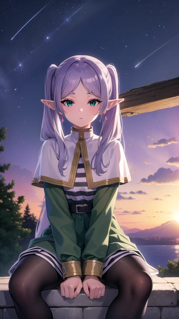 BREAK looking at viewer, BREAK (masterpiece:1.2), best quality, high resolution, unity 8k wallpaper, (illustration:0.8), (beautiful detailed eyes:1.6), extremely detailed face, perfect lighting, extremely detailed CG, (perfect hands, perfect ???????),castle,tower,outdoor,night,starfall,stars,wet road,reflections,green hair, side ponytail, (purple eyes:1.1),frieren, long hair, twintails, (green eyes:1.5), grey hair, pointy ears, elf,shirt, long sleeves, jewelry, pantyhose, earrings, striped, black pantyhose, capelet, striped shirt,small breast,from above,bend over,cleavege,neckline,sitting,spread legs.