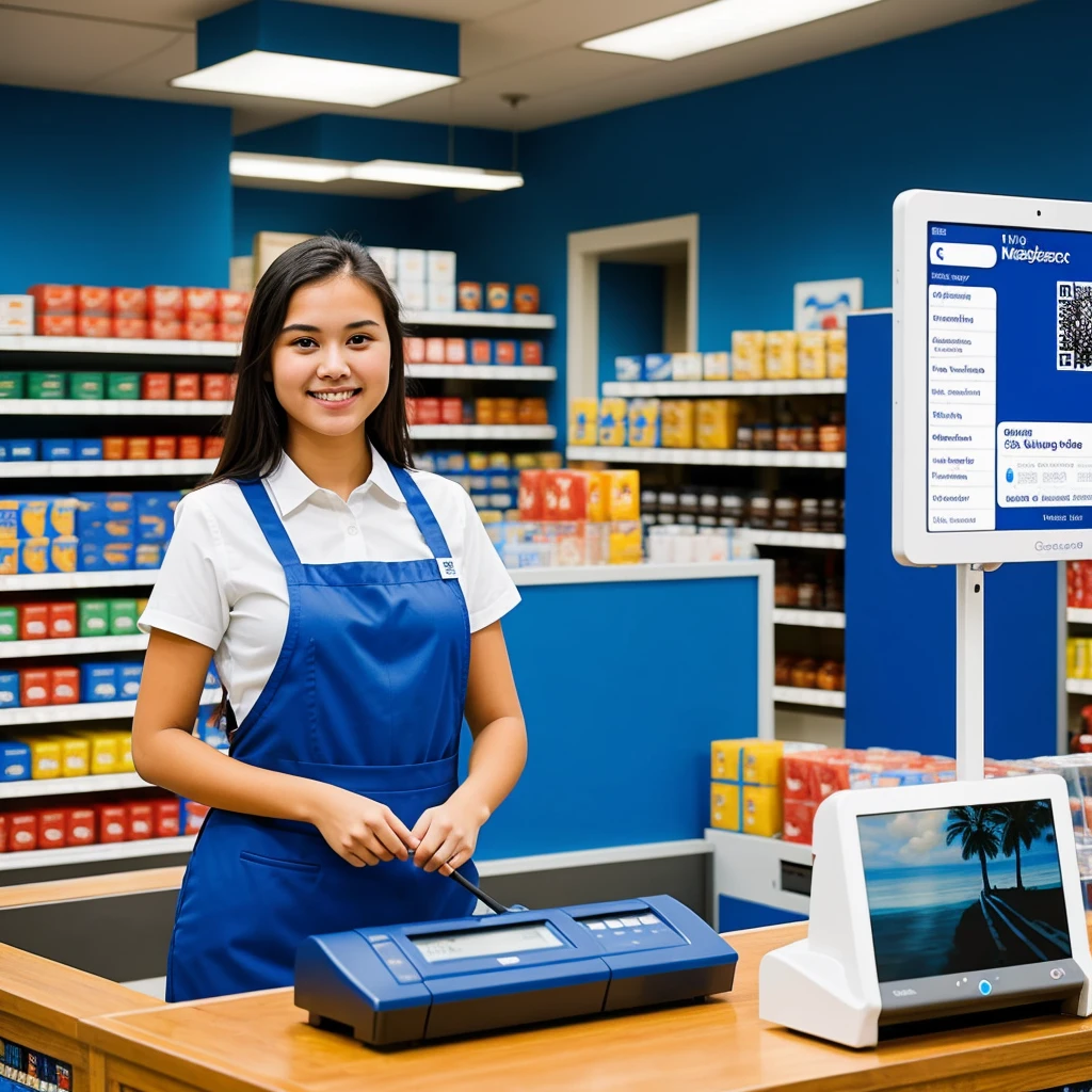 ((Best Quality)), ((Masterpiece)) An employee using the point of sale system in a store with blue backgrounds, I want the employee to be behind her
