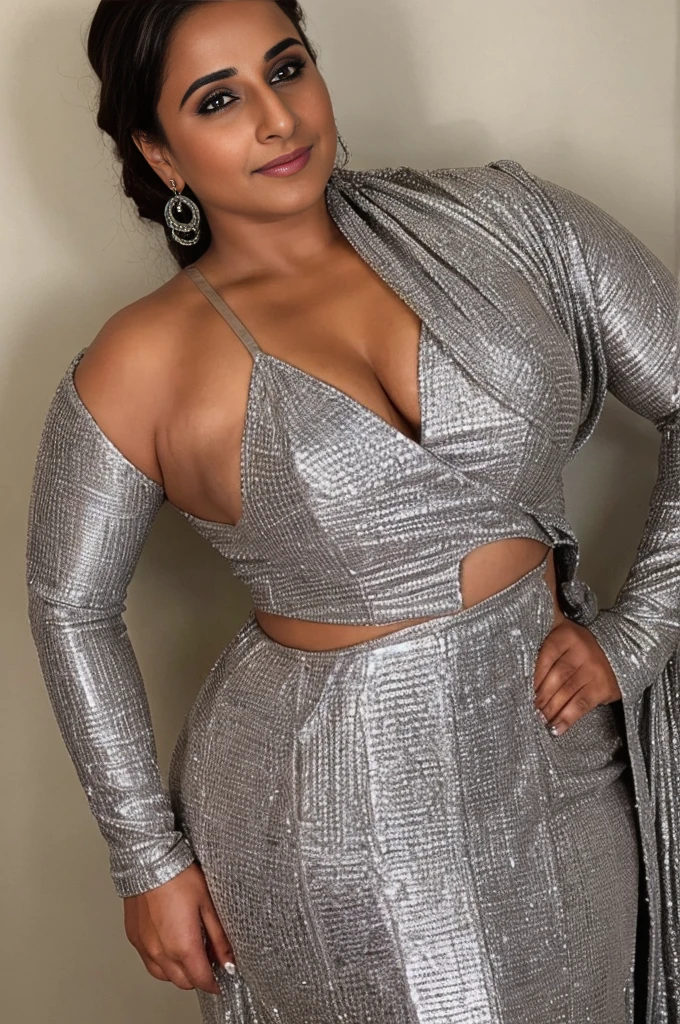 vidya balan Sultry Plus size exhibitionist amorous lady with huge breasts a revealing and sexy ensemble consisting of a silver, shiny, metallic-looking dress. The dress features a cut-out design on the front, which exposes the wearer's midriff. The material of the dress appears to be shiny and reflective, adding to the overall allure of the outfit.
