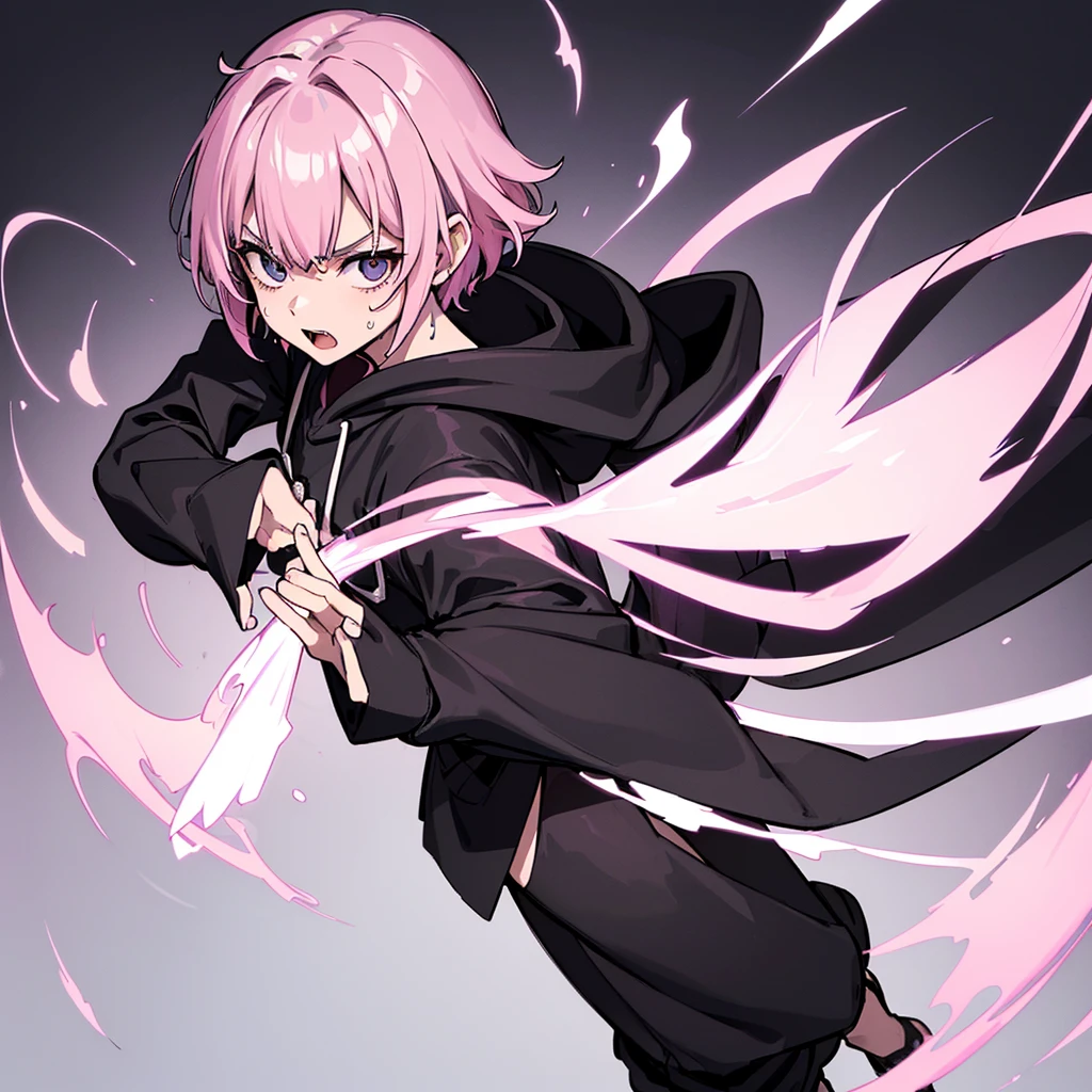 (((Solo)))、(whole body)、(From above at an angle)、(((Wearing a black hood)))、Best illustrations、Best Quality、(23 years old)、(The same face:1.1),Medieval Fantasy,(White Background)、(Pink Hair、Very Short Hair、Align your bangs)、(((Long sleeve、Black Robe、pants)))、Fighting stance、(get annoyed、Sweat、Open your mouth、Look at the top right)、Chased
