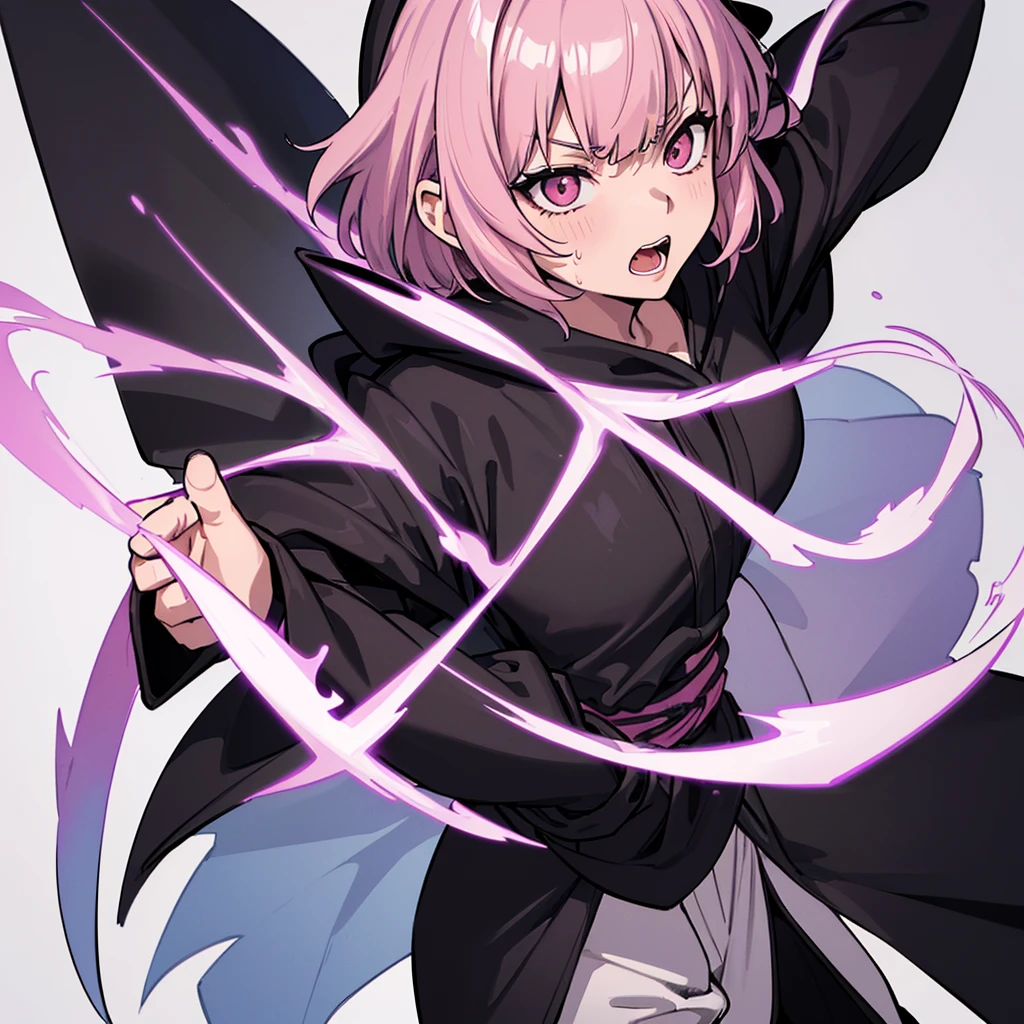 (((Solo)))、(whole body)、(From above at an angle)、(((Wearing a black hood)))、Best illustrations、Best Quality、(23 years old)、(The same face:1.1),Medieval Fantasy,(White Background)、(Pink Hair、Very Short Hair、Align your bangs)、(((Long sleeve、Black Robe、pants)))、Fighting stance、(get annoyed、Sweat、Open your mouth、Look at the top right)、Chased