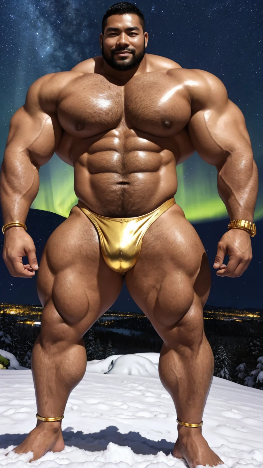 There is only one handsome Chinese man in the photo,35 years old,tall, Fitness,Smooth body,Smooth skin,No chest hair,short hair, O-Shaped Beard,Perfect body, Dark skin color,Radiant Skin,Smooth skin,Shiny, shiny skin,Smooth pectoral muscles,Muscle bulge, muscular, Very large pectoral muscles,Very sexy abdominal muscles,Very well-developed leg muscles,Huge concave and convex area,Brightens oily skin,Wearing a shiny gold leather thong,Handsome face,Normal human toes,Correct and accurate male body proportions,Gold Collar,Gold bracelet,Gold anklets,Standing in the snow,Night sky,A sky full of stars,There are auroras,Colorful,Charming dream scene,Epic。