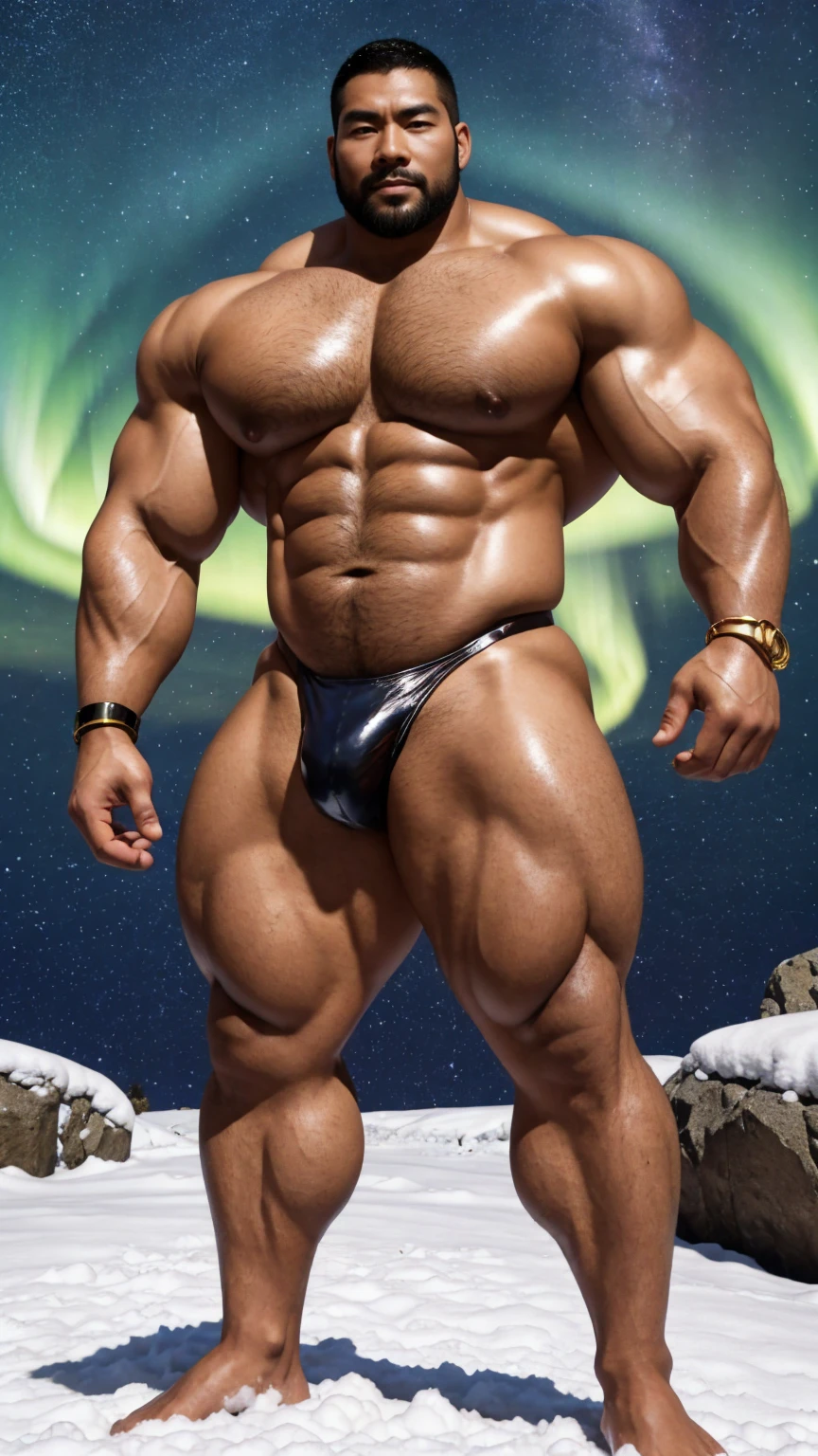 There is only one handsome Chinese man in the photo,35 years old,tall, Fitness,Smooth body,Smooth skin,No chest hair,short hair, O-Shaped Beard,Perfect body, Dark skin color,Radiant Skin,Smooth skin,Shiny, shiny skin,Smooth pectoral muscles,Muscle bulge, muscular, Very large pectoral muscles,Very sexy abdominal muscles,Very well-developed leg muscles,Huge concave and convex area,Brightens oily skin,Wearing a shiny gold leather thong,Handsome face,Normal human toes,Correct and accurate male body proportions,Gold Collar,Gold bracelet,Gold anklets,Standing in the snow,Night sky,A sky full of stars,There are auroras,Colorful,Charming dream scene,Epic。