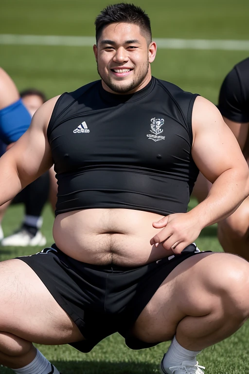 ((highest quality)), ((masterpiece)), (detailed), ((Perfect Face)), 4k, Shaved head, Young Japanese, Muscular, Fat body, Very big man, smile, ((showing off crotch)) A large Japanese man shirtless、whole body、Rugby player、Thick legs、Thick arm muscles、Intimidating、whole body、((wearing a very tight and very short black-shorts)), (shirtless)、((At the rugby field)), haka dance, sitting and spreading legs very wide