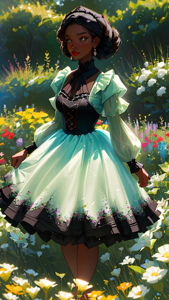 A beautiful woman with black skin (chubby, cuvilinea) black hair dressed in ruffles and bows in a garden of varied flowers and a splendid lighting (detailed and award-winning masterpiece)