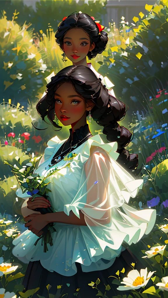 A beautiful woman with black skin (chubby, cuvilinea) black hair dressed in ruffles and bows in a garden of varied flowers and a splendid lighting (detailed and award-winning masterpiece)