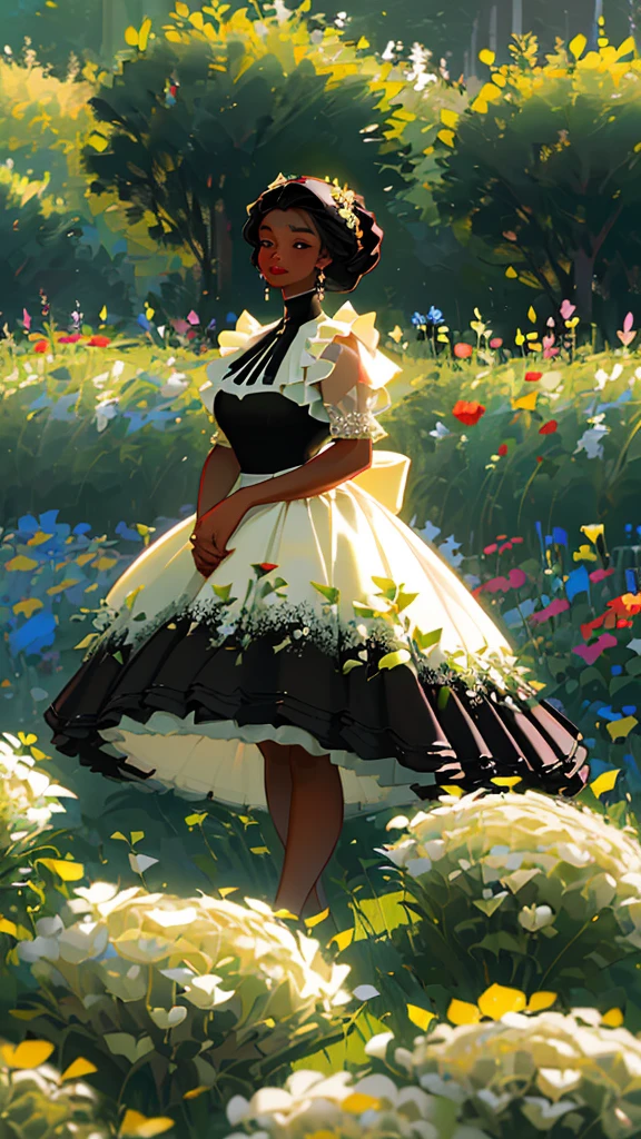 A beautiful woman with black skin (chubby, cuvilinea) black hair dressed in ruffles and bows in a garden of varied flowers and a splendid lighting (detailed and award-winning masterpiece)