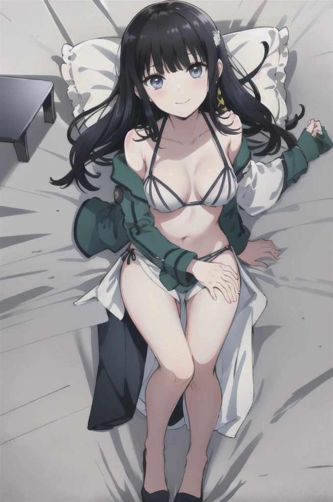solo, 1girl, looking at viewer, 2D, anime, anime coloring, full body, (solid white background:1.3), miyuki shiba, maid bikini, porn, kiss, looking at viewer, straddle me, smile,bed room,sleep position, kiss me