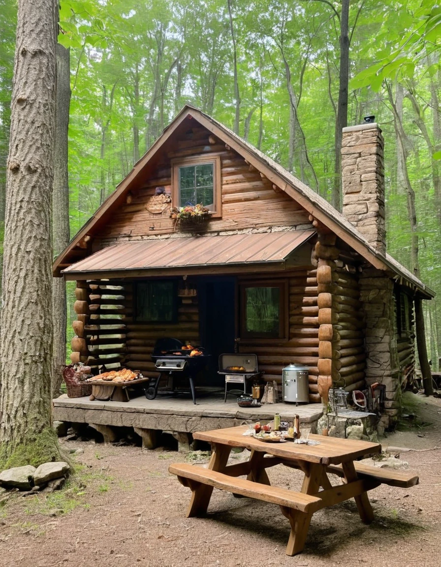 there is a table with food and a grill in the woods, cottagecore!!, cabin in the woods, a brick cabin in the woods, cottagecore, forest picnic, ❤🔥🍄🌪, cottagecore hippie, cottage in the woods, in a cabin, old cabin, log cabin, witch cottage in the forest