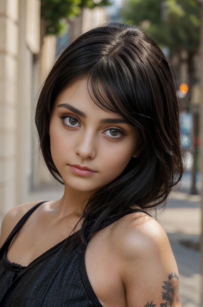 A (beautiful young woman:1.2) arafed , black hair, big eyes, beautiful delicate face, pale square face, face like paris jackson, (definite face:1), 18 years old.