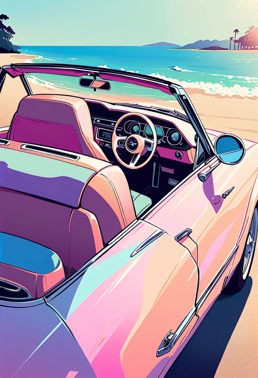 Mustang convertible, an American car from the 70's. Light blue in color. It is parked along the beach. The view from the driver's seat. The color scheme of the entire screen is pastel. The image of California.