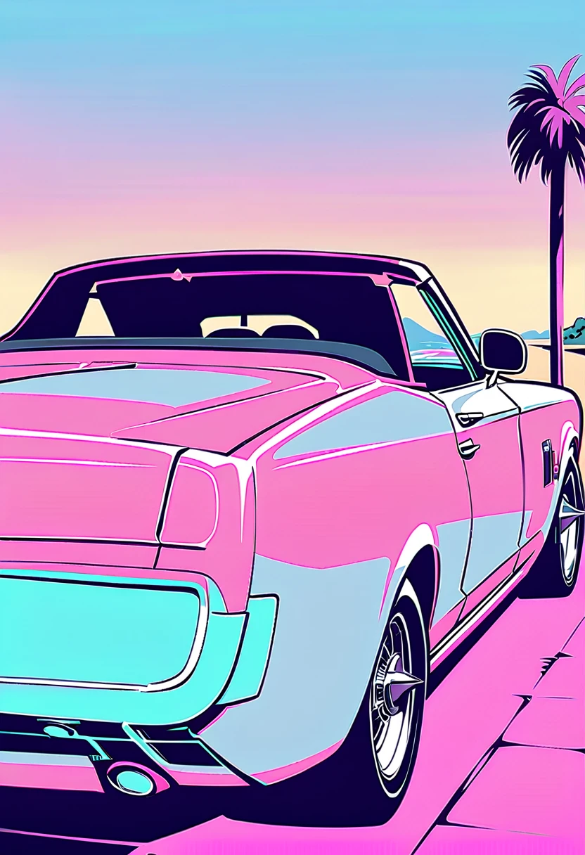 Mustang convertible, an American car from the 70's. Light blue in color. It is parked along the beach. The view from the driver's seat. The color scheme of the entire screen is pastel. The image of California.
