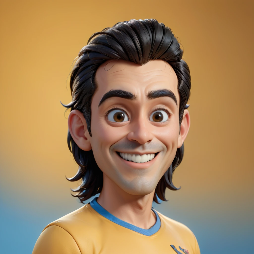 Disney style 3D caricature with big head. A man with long messy black hair, thick straight black eyebrows, cheerful dark black eyes. He has a medium sized proportional nose, giving off a friendly and happy impression. wearing a blue shirt. Yellow background. The skin and facial textures are very detailed. Disney 3D style, 3D rendering, ultra realistic, UHD, best quality, colorful art, 8K