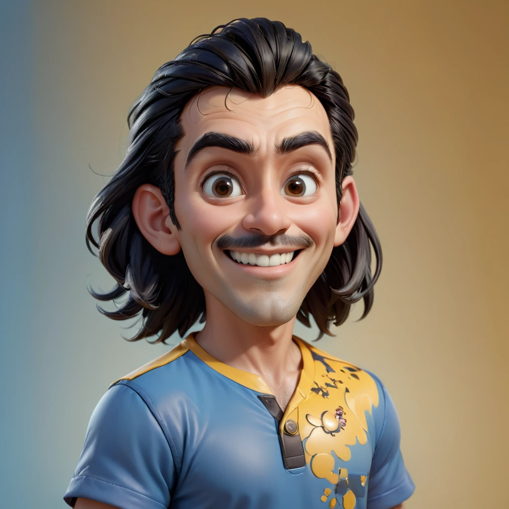 Disney style 3D caricature with big head. A man with long messy black hair, thick straight black eyebrows, cheerful dark black eyes. He has a medium sized proportional nose, giving off a friendly and happy impression. wearing a blue shirt. Yellow background. The skin and facial textures are very detailed. Disney 3D style, 3D rendering, ultra realistic, UHD, best quality, colorful art, 8K