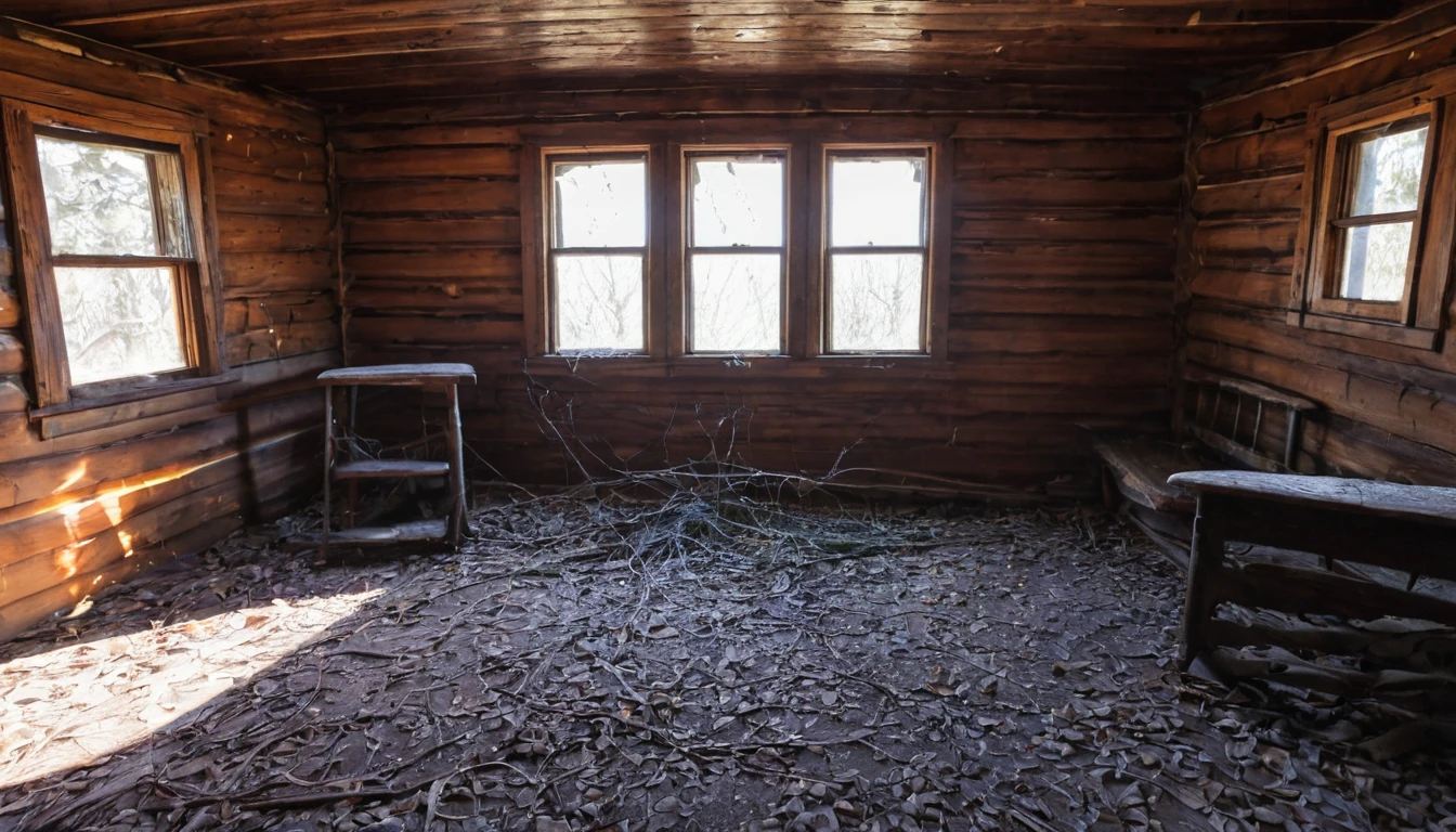 The interior of an old, abandoned cabin, with old, dusty relics and cobwebs