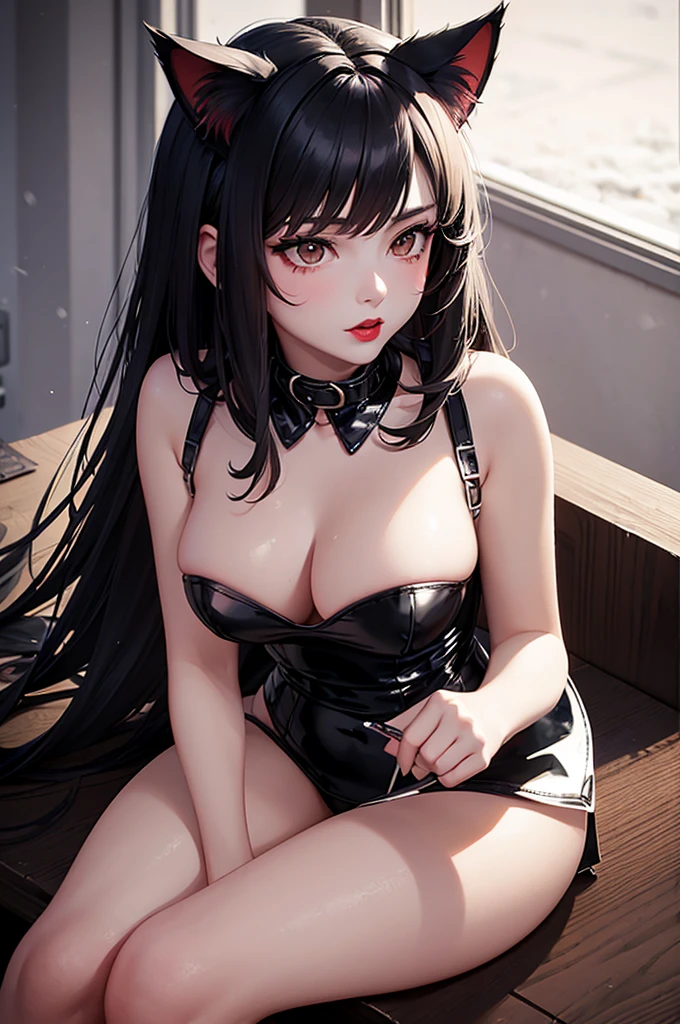 Detailed facial details，16 years old，1 girl，Red lips，Cat ear，Black long hair，Wearing snow-white latex lace bunny，Large Breasts，Slim，Handcuffs，Collar，Radiant Skin，Sitting at the table，Hospital