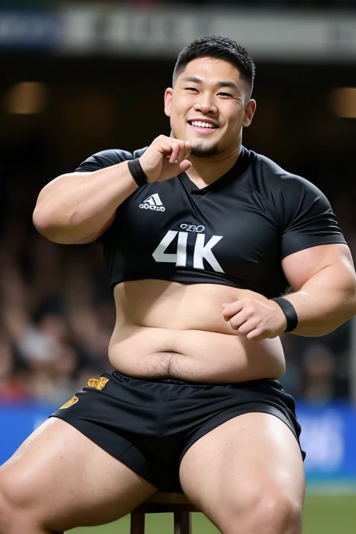 ((highest quality)), ((masterpiece)), (detailed), ((Perfect Face)), 4k, Shaved head, Young Japanese, Muscular, Fat body, Very big man, smile, ((showing off crotch)) A large Japanese man shirtless、whole body、Rugby player、Thick legs、Thick arm muscles、Intimidating、whole body、((wearing a very tight and very short black-shorts)), (shirtless)、((At the rugby field)), haka dance, sitting and spreading legs very wide