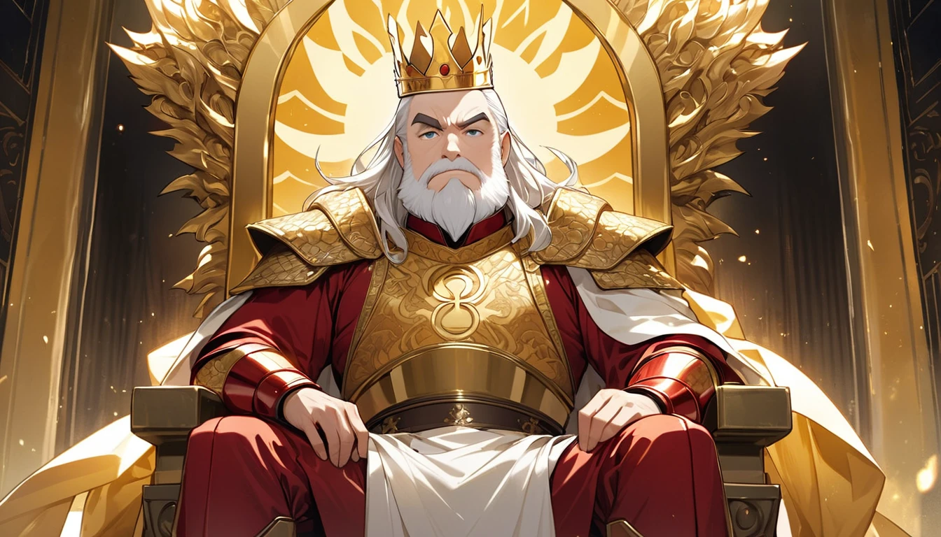 Two people, (an old emperor named John, tall, square face, long silver hair, wearing a golden crown, thick eyebrows, long white beard, pale complexion, wearing gorgeous golden robes, embroidered with dragon patterns), (another A young general named John Ken, with a burly build, long face, short blond hair, thick eyebrows, short beard, healthy bronze color, wearing red armor with a sun symbol and a golden sword at his waist), John Sitting majestically on the shining golden throne, Ken stood in front of the throne, and there was an atmosphere of respect and loyalty between the two.