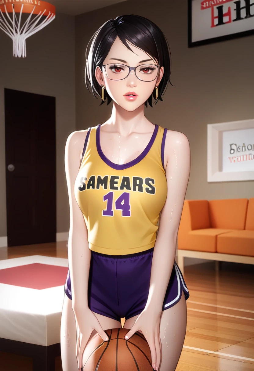 score_9_up, score_8_up, score_7_up, 1girl, solo, mature female, Sarada, looking at viewer, (((black short hair))), red eyes, pink lips, parted lips, glasses, (((purple/yellow Lakers basketball uniform))), fit slim model body, perfect small erected breast,((modern living room)), wet body, seductive pose, 