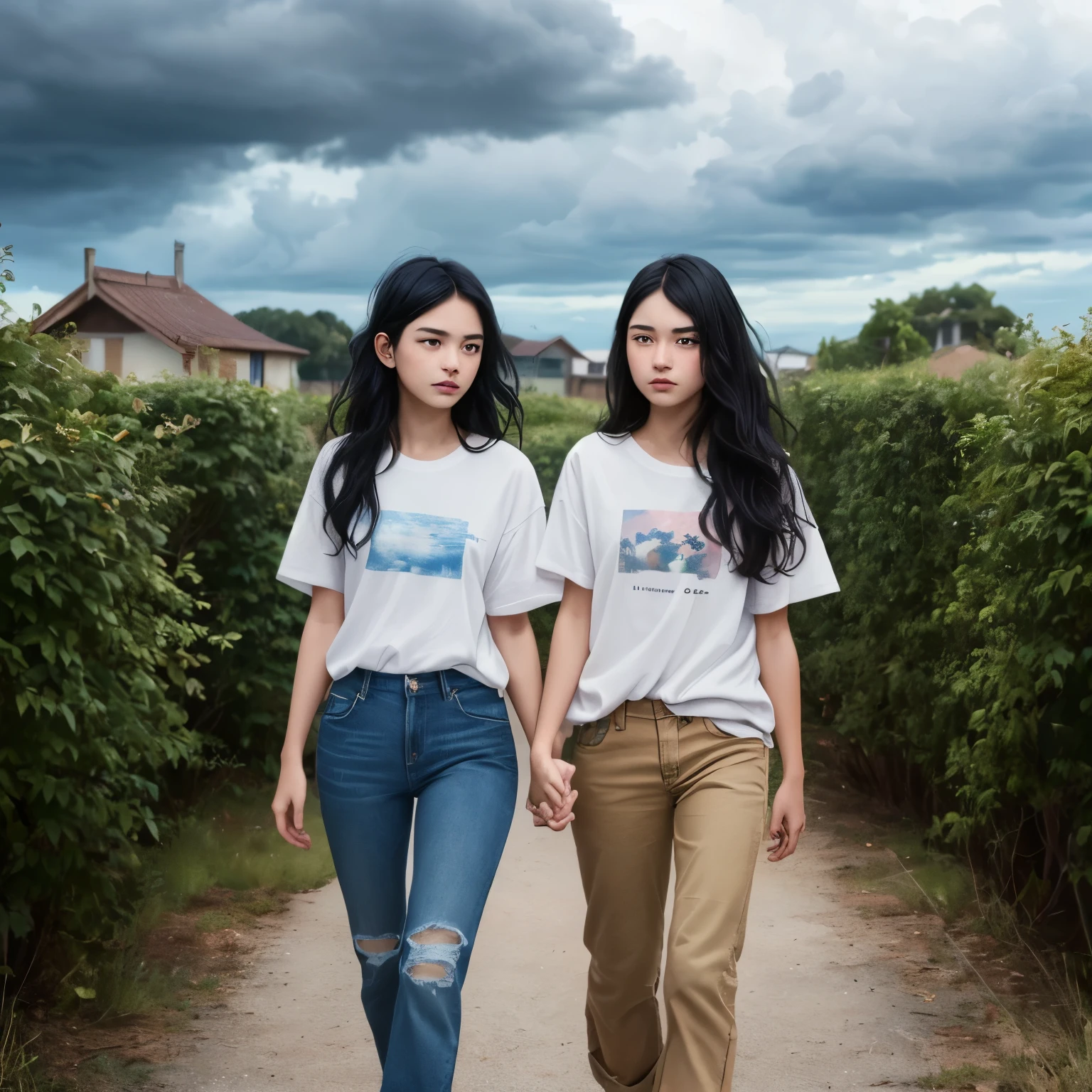 ((best quality)), ((masterpiece)), (detailed), A digital illustration of two little age girls with long black hair walking towards an abandoned bungalow surrounded by bushes and dark clouds. They both are wearing plain white t-shirt and blue jeans and are having nervous expression on their face.