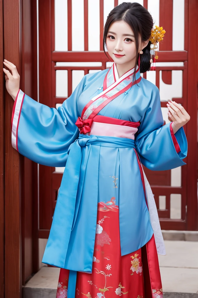 She is wearing a Chinese court hanbok, her breasts are visible, her genitals are also visible, and she has hair on her body. 30 years old The background is a Chinese palace