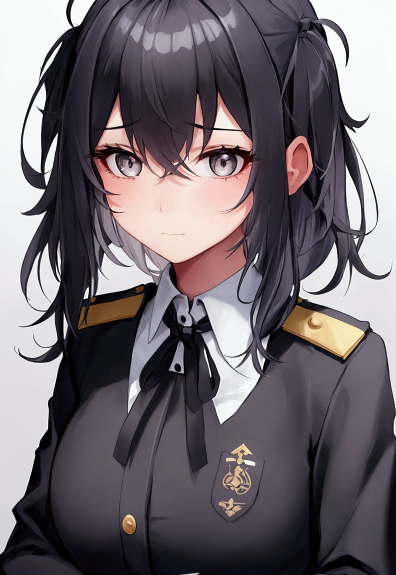 1girl, bored expression, looks tired, messy long-grey hair, black-colored eyes,  uniform