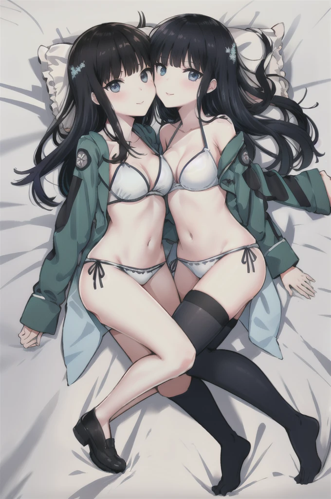 solo, 1girl, looking at viewer, 2D, anime, anime coloring, full body, (solid white background:1.3), miyuki shiba, maid bikini, porn, kiss, looking at viewer, straddle me, smile,bed room,sleep position, kiss me