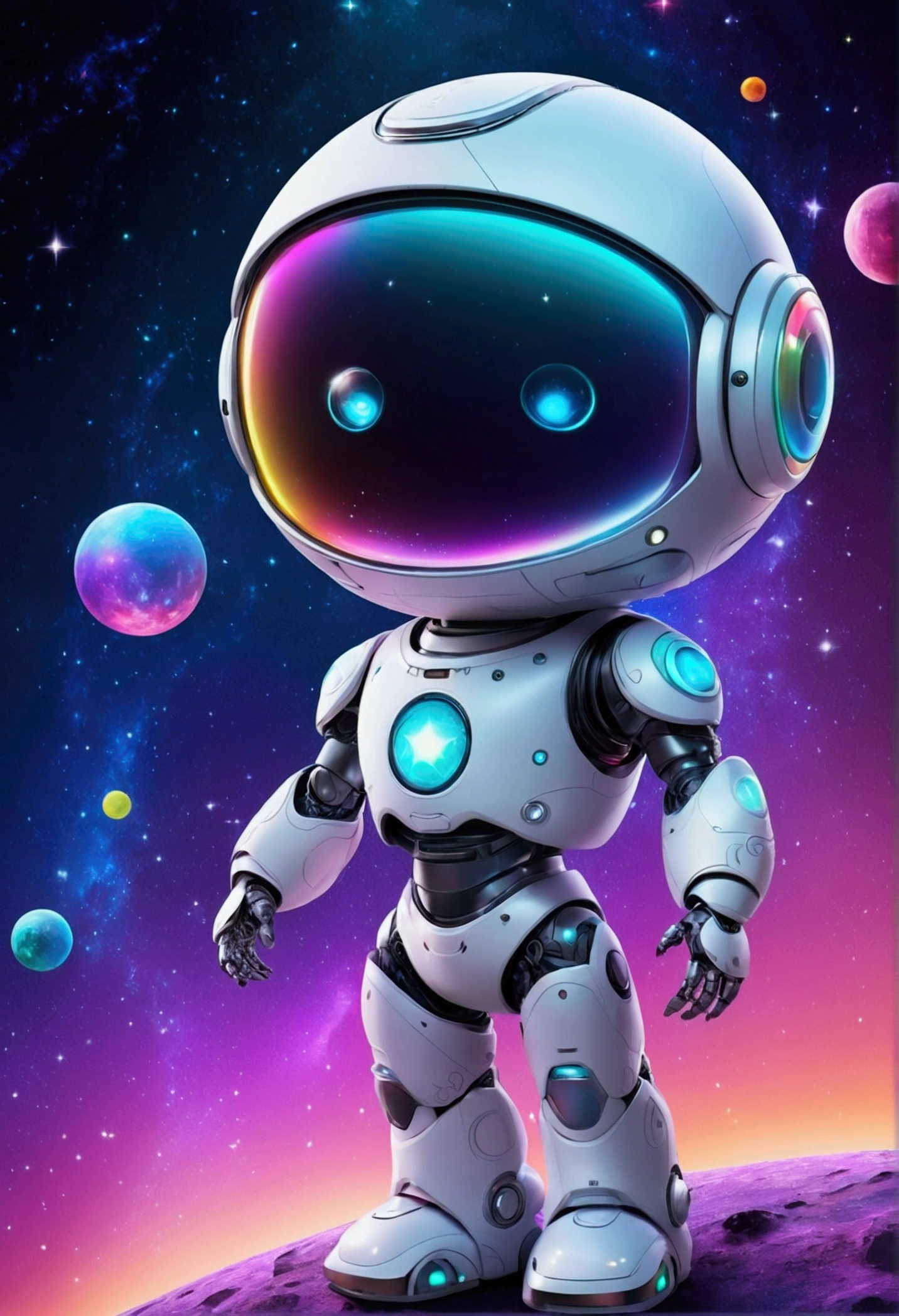 Irridescent color、Colorful pop mascot characters，Round and cute space robot, Farbe々ornamented、Colorful backgrounds，Fantasy，intricate-detail {brightened，K HD，32k constellations