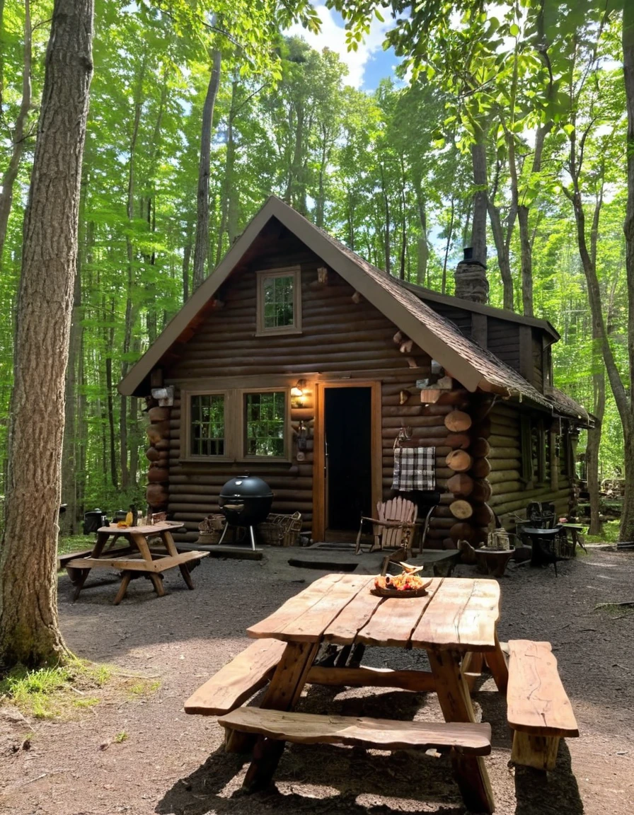 there is a table with food and a grill in the woods, cottagecore!!, cabin in the woods, a brick cabin in the woods, cottagecore, forest picnic, ❤🔥🍄🌪, cottagecore hippie, cottage in the woods, in a cabin, old cabin, log cabin, witch cottage in the forest