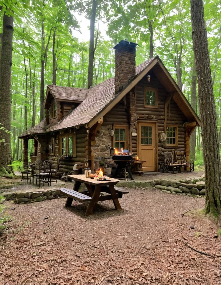 there is a table with food and a grill in the woods, cottagecore!!, cabin in the woods, a brick cabin in the woods, cottagecore, forest picnic, ❤🔥🍄🌪, cottagecore hippie, cottage in the woods, in a cabin, old cabin, log cabin, witch cottage in the forest