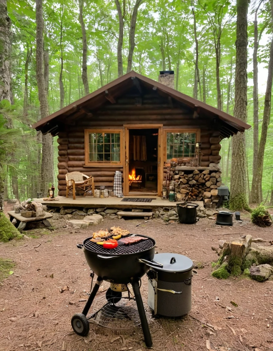 there is a table with food and a grill in the woods, cottagecore!!, cabin in the woods, a brick cabin in the woods, cottagecore, forest picnic, ❤🔥🍄🌪, cottagecore hippie, cottage in the woods, in a cabin, old cabin, log cabin, witch cottage in the forest