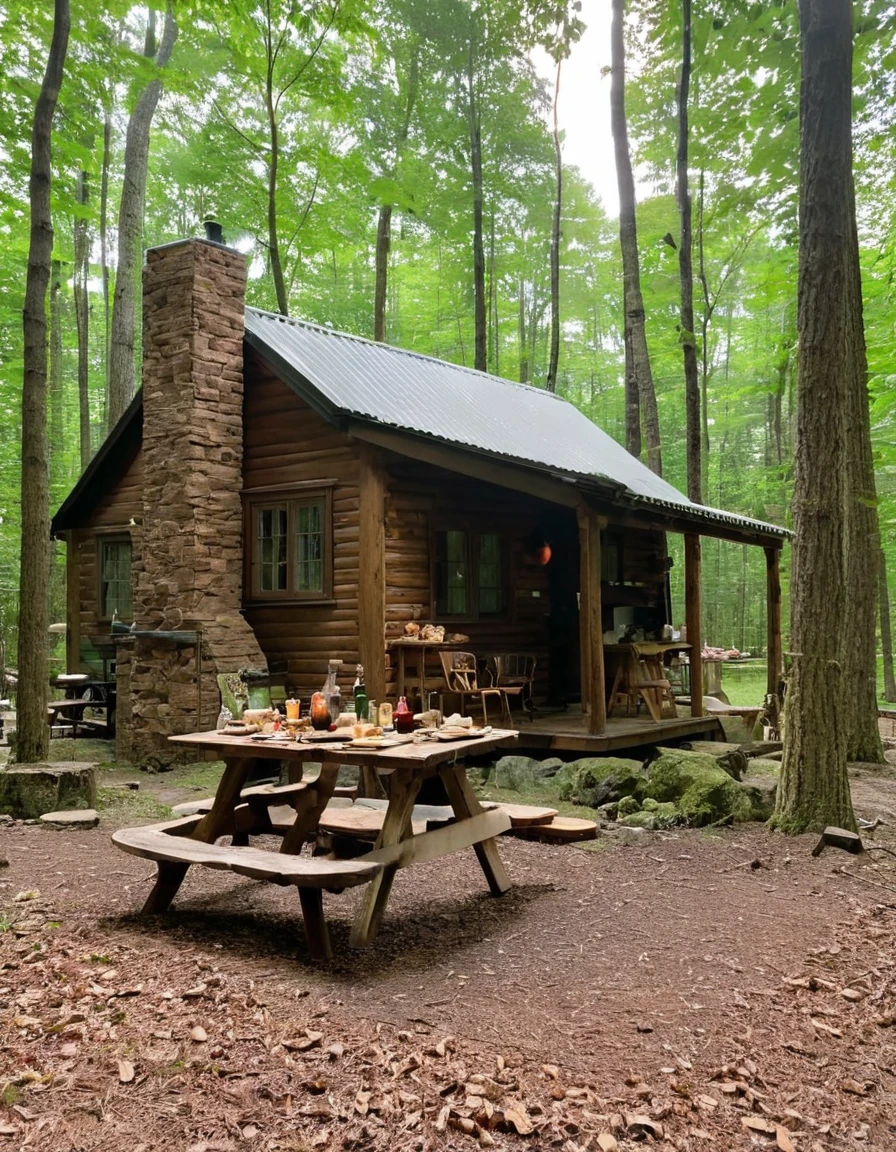 there is a table with food and a grill in the woods, cottagecore!!, cabin in the woods, a brick cabin in the woods, cottagecore, forest picnic, ❤🔥🍄🌪, cottagecore hippie, cottage in the woods, in a cabin, old cabin, log cabin, witch cottage in the forest