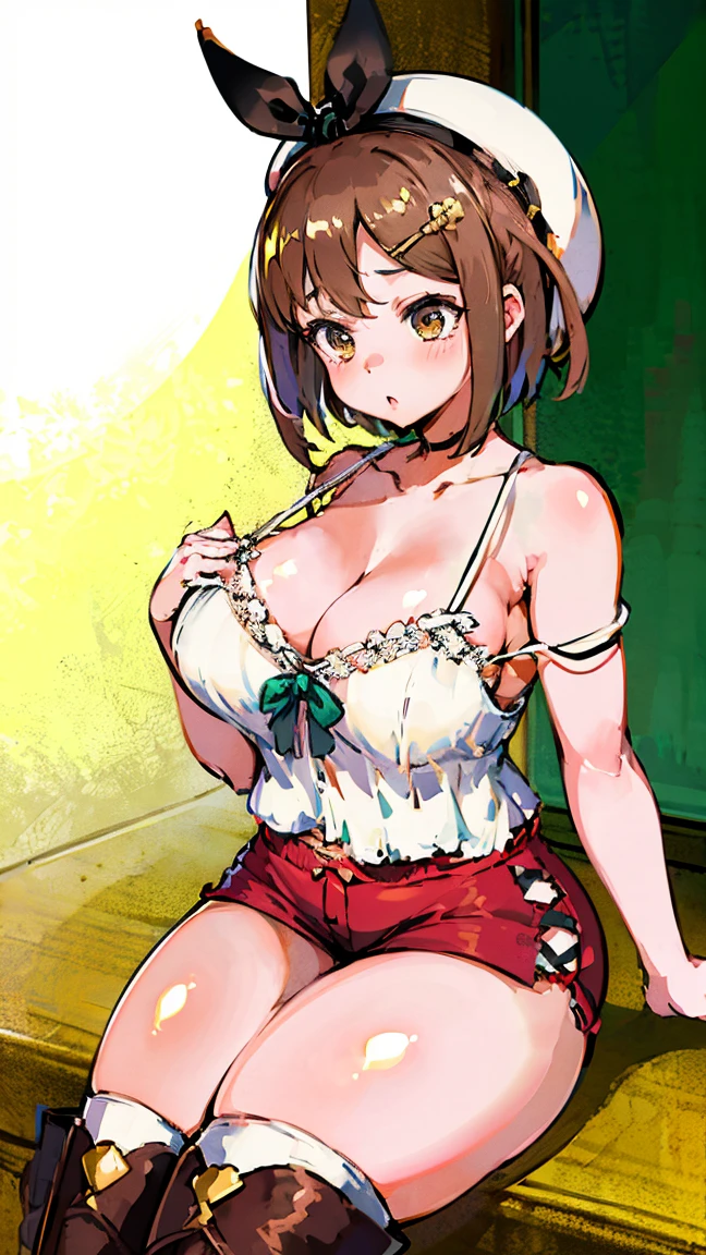 (Highest quality, 8k, masterpiece :1.3),Lizaリン・シュタウト(Lizaのアトリエ),Liza, One woman,Large Breasts,short hair,Brown Hair,hair band,Clothing,hat,White shirt,White camisole,Red shorts,Brown long boots,Blowjob,nsfw,Plump body,Thighs