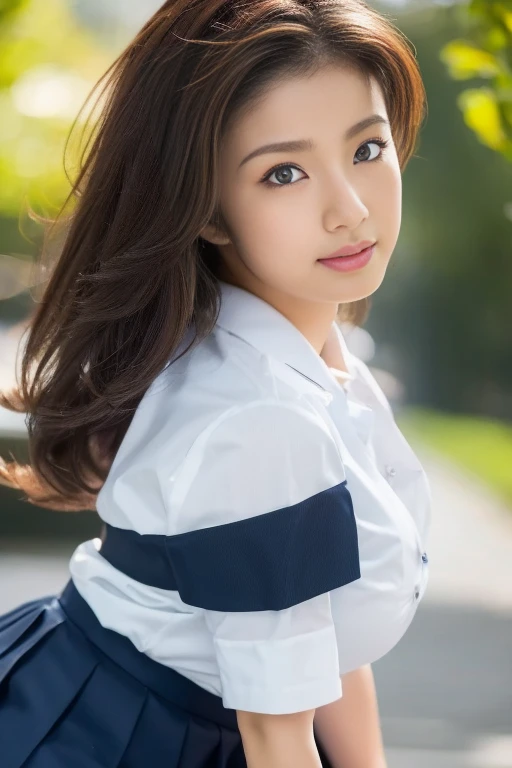 (8k, RAW Photos, Realistic:1.25), Tabletop, Highest quality, shape, Very detailed, Subtle details, High resolution, 8k wallpaper, 完璧なダイナミックな構shape, 細かくてBeautiful Eyes, Natural Lip, (uniform、high school girl、Navy Pleated Skirt、白いCollared shirt、Collared shirt:1.3), (((Huge breasts :1.2, Saggy breasts:1.1))), Cleavage, Perfect glowing skin, Perfect Skin, (((Shiny white skin))), Moist lips, Innocent big eyes, Beautiful Eyes,、全身shape、Black Background、(((Big Breasts)))、Huge 、超Big Breasts、Large Breasts、