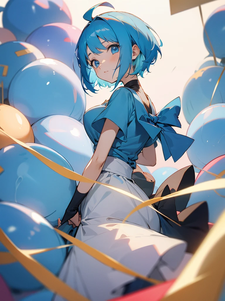 Anime girl short blue hair ,fulfilling years,celebrating birthday
