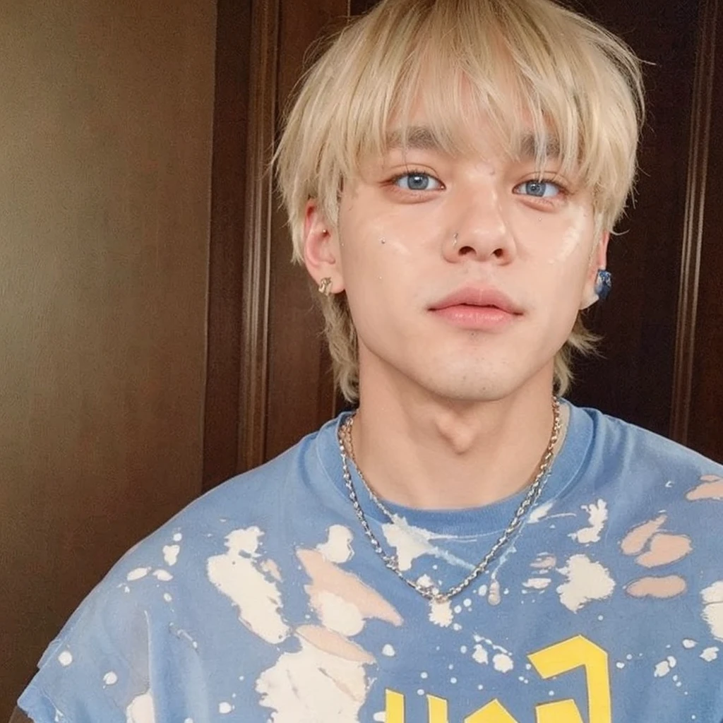 Taehyung BTS, one eye green and the other blue, Caucasian skin, hair blonde, solution principle, vitiligo mark on the eye