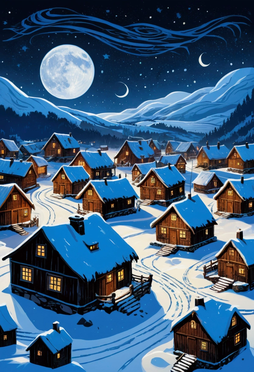 "Viking-style illustration of a snow-covered village, with rustic houses and howling winds, under a starry night sky"