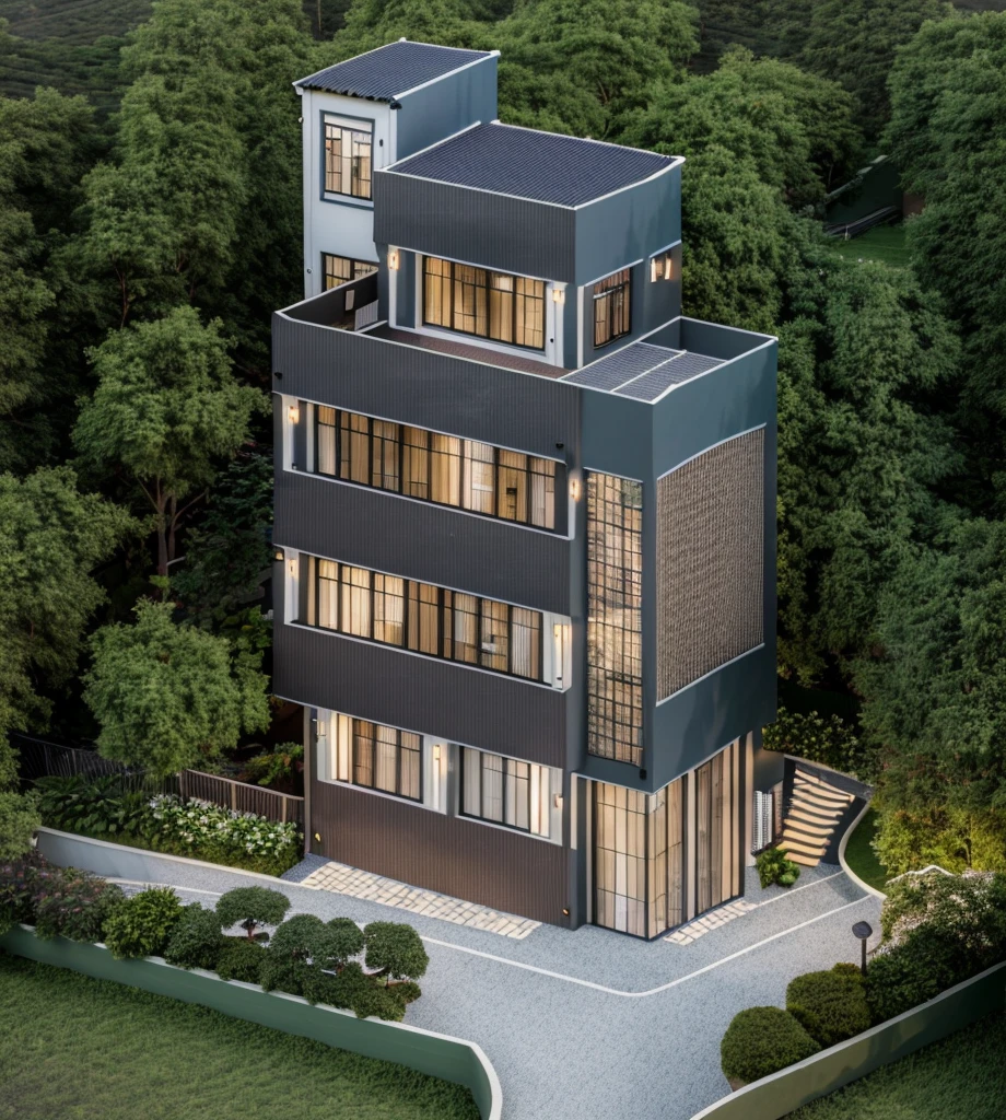 small building, (indochine style architecture) daylight ( best quality) ((high solution)) ,(( photo realistic)) ,warm light,  soft lighting, warm atmosphere,high Resolution, hyper detailed,4k ,vray render, octane render, hyper realistic, photography expert ,exterior design , professional photography, exterior photography,wide-angle shot , ultra detail , high Resolution , full frame, full body