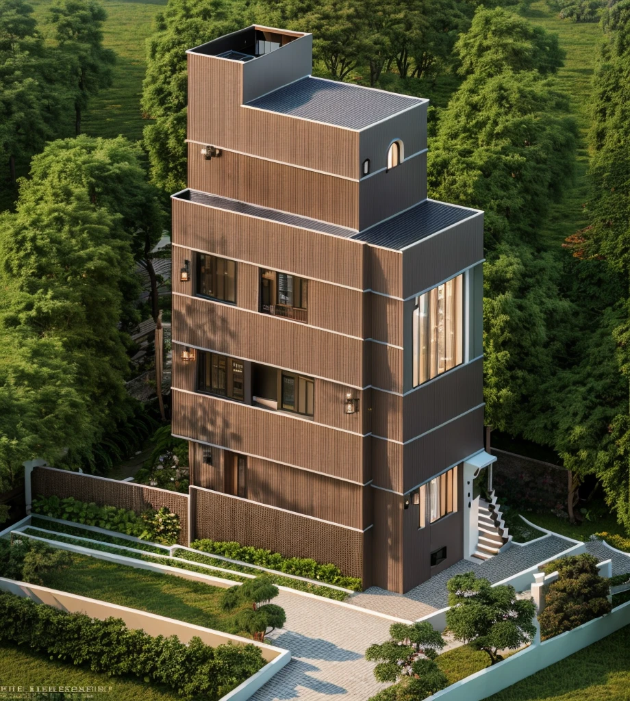 small building, (indochine style architecture) daylight ( best quality) ((high solution)) ,(( photo realistic)) ,warm light, soft lighting, warm atmosphere,high Resolution, hyper detailed,4k ,vray render, octane render, hyper realistic, photography expert ,exterior design , professional photography, exterior photography,wide-angle shot , ultra detail , high Resolution , full frame, full body