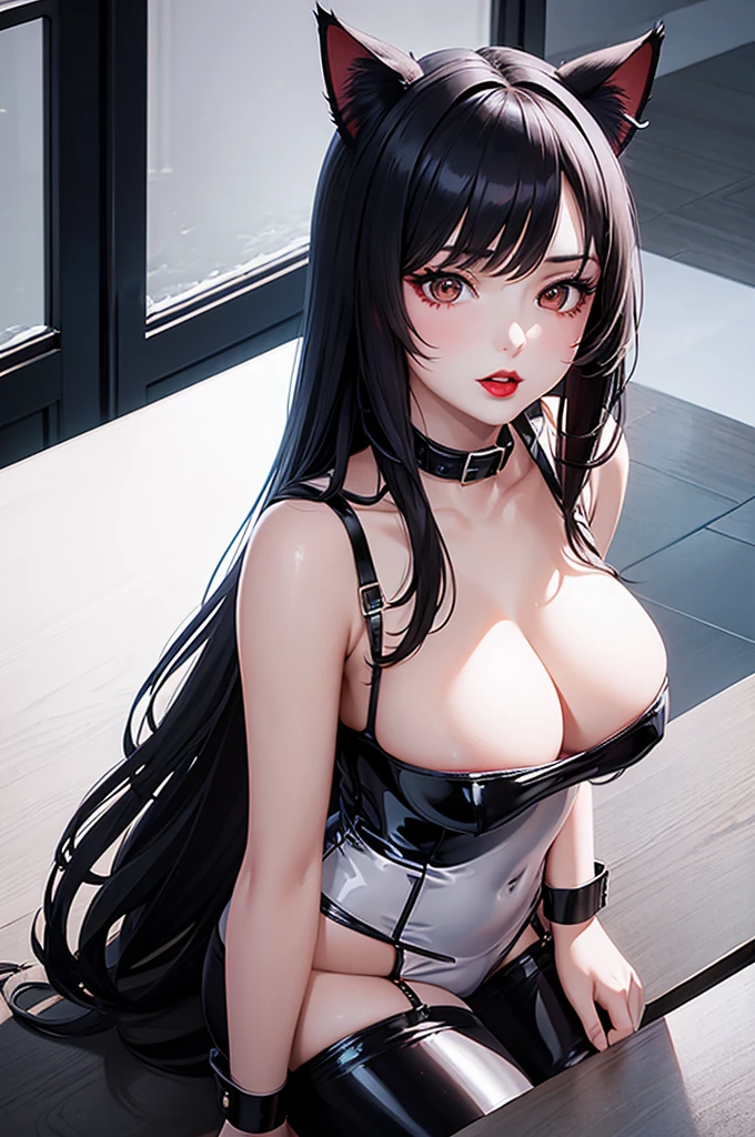 Detailed facial details，16 years old，1 girl，Red lips，Cat ear，Black long hair，Wearing snow-white latex lace bunny，Large Breasts，Slim，Handcuffs，Collar，Radiant Skin，Sitting at the table，Hospital