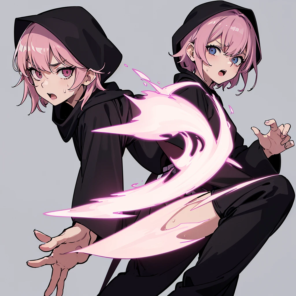 (((Solo)))、(whole body)、(From above at an angle)、Best illustrations、Best Quality、(23 years old)、(The same face:1.1),Medieval Fantasy,(White Background)、(Pink Hair、Very Short Hair、Align your bangs)、(((Wearing a black hood、Long sleeve、Black Robe、pants)))、Fighting stance、(get annoyed、Sweat、Open your mouth、Look at the top right)、Chased