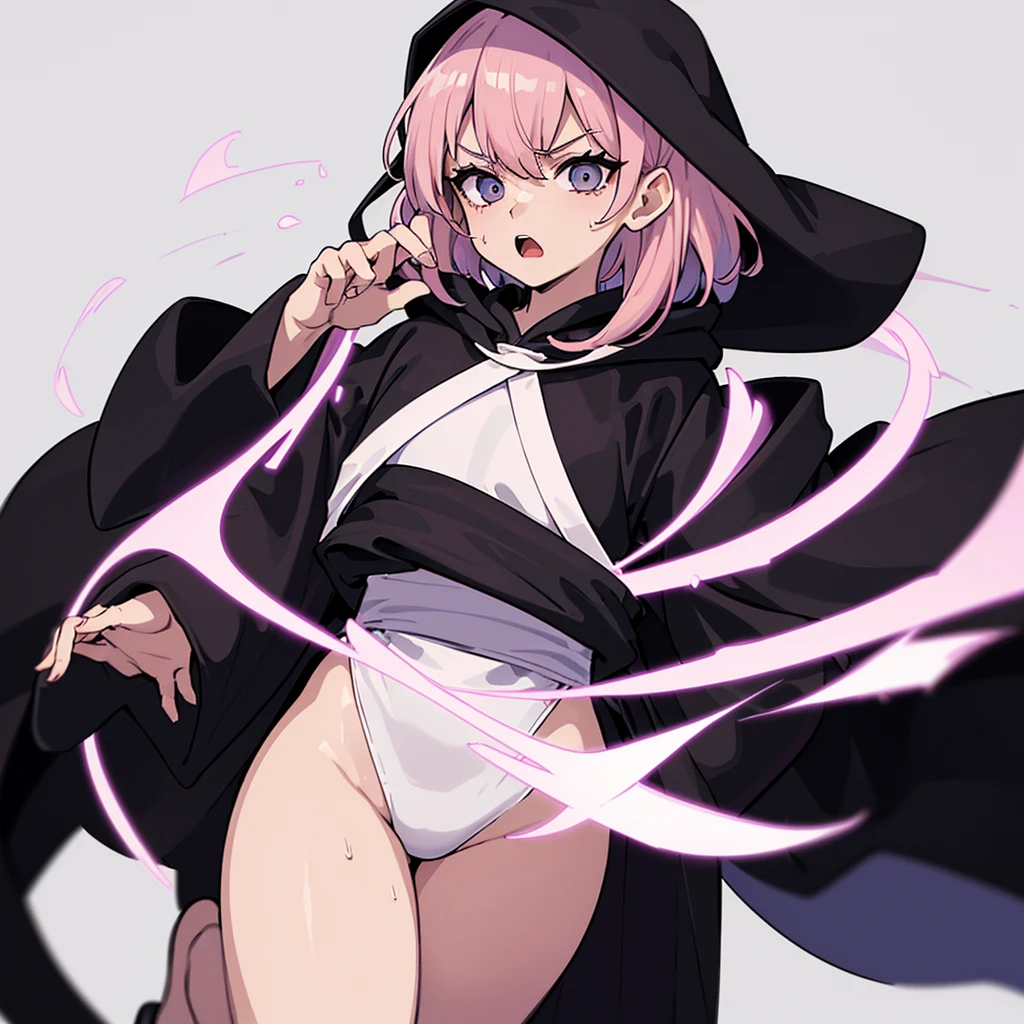 (((Solo)))、(whole body)、(From above at an angle)、Best illustrations、Best Quality、(23 years old)、(The same face:1.1),Medieval Fantasy,(White Background)、(Pink Hair、Very Short Hair、Align your bangs)、(((Wearing a black hood、Long sleeve、Black Robe、pants)))、Fighting stance、(get annoyed、Sweat、Open your mouth、Look at the top right)、Chased