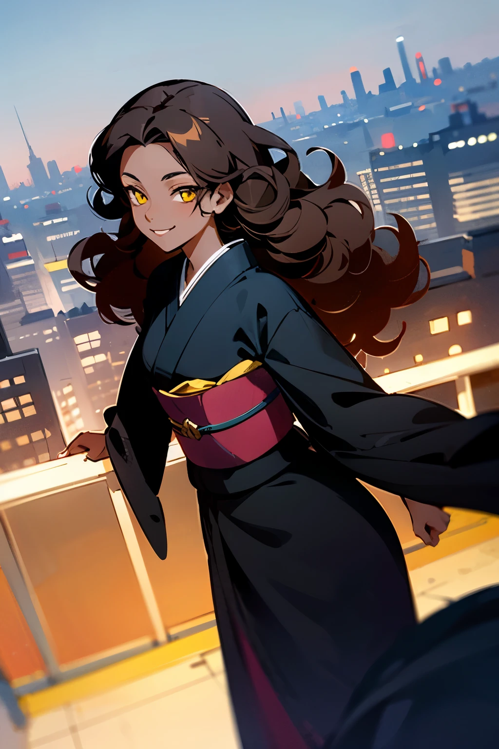 Woman, dark skin, yellow eyes, city, full black kimono, long hair, curly hair, 8k, adult, dark brown hair, day, sexy, smiling, 25 years old