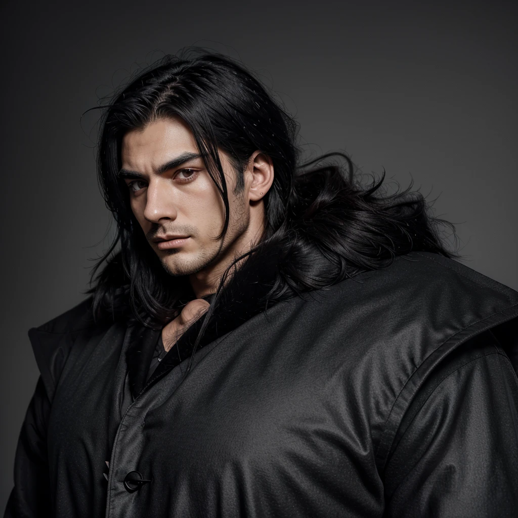 Manhwa Arte Europeo, 26 year old man, Messy headboard hair, Jet black hair, piercing eyes, gray iris, thick eyebrows, Wear black coat, sharp jaw, glare, Cold and mysterious character., 8k, Detailed Features, very handsome