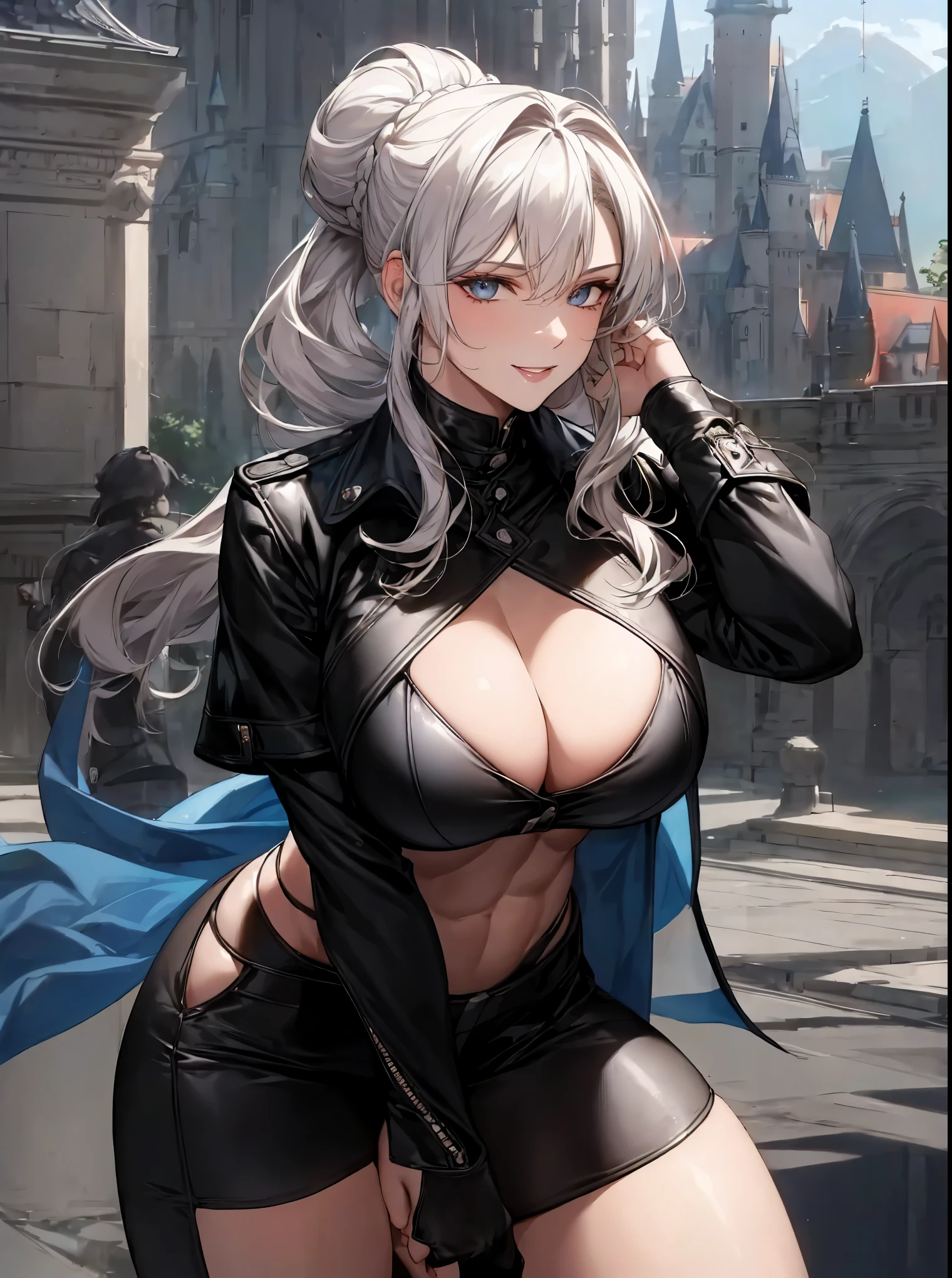 (masterpiece: 1.2), (best quality: 1.2) 1 woman, mature, tall (1.85), appeared to be around 28 years old, had silver (light) hair, straight and shiny hair, up in a samurai bun, bangs, silver eyes, extremely detailed eyes, perfect eyes, extremely realistic eyes, well-aligned eyes, long eyelashes, anime style, perfect face, milf face, sculpted chin, ultra feminine chin, full lips, smiling, mature, fair skin, natural body, sexy body, milf body, both hands on her waist, perfect hands, detailed hands, hands well proportioned to the body, realistic hands, arms with good anatomy, she only wore a black leather jacket with long sleeves , white blouse under the jacket that still couldn't hide her extremely large and huge breasts that were hanging down due to their size, muscular abs, well-defined six-pack abs, black leather pants with blue details on the legs, brown high boots, thighs thick, wide hips, looking at the viewer, backdrop on top of a European-style castle, posing standing, waist straight, alone, looking at the viewer