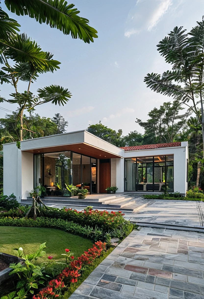 A modern single-story house with white walls and a red-tiled roof. The house features arched doorways and windows, with a large front porch and steps leading to the entrance. There are lush green plants and flowers around the house, with a well-maintained lawn. The house is set in a scenic landscape with trees and open fields in the background.