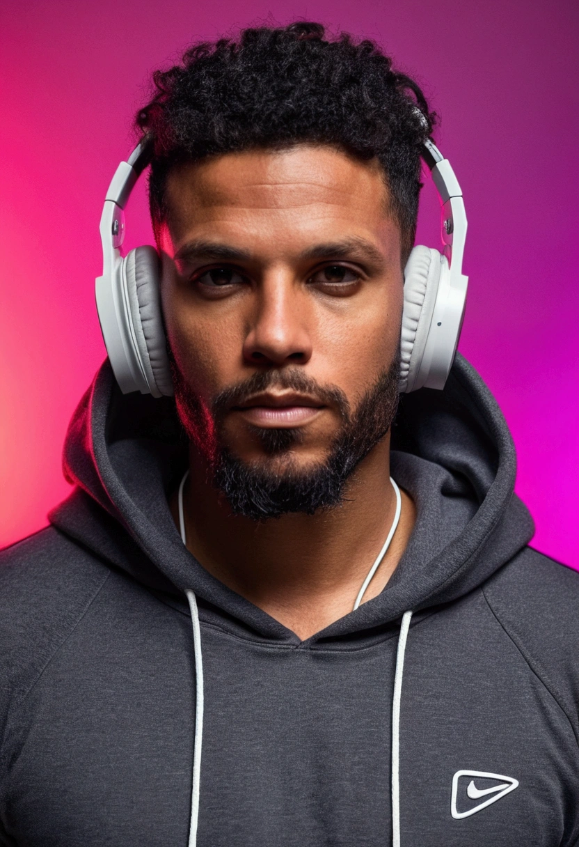 Luiz Henrique, homem caucasiano, moreno, cabelo preto curto estilo low fade e barba rente, rosto oval arredondado e maxilar marcado, 35-year-old appearance wearing dark gray hoodie White headphones with RGB lights, neon lighting background, nudity