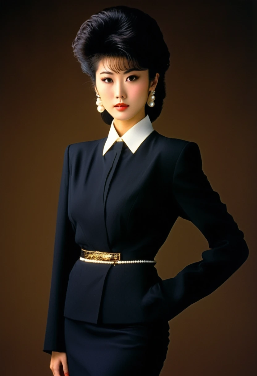 Beautiful Japan woman in 80s women's power business suits with pearls well styled coiffed hair, real person, detailed body,  skirt flipping, office lady like a Japanese fashion model